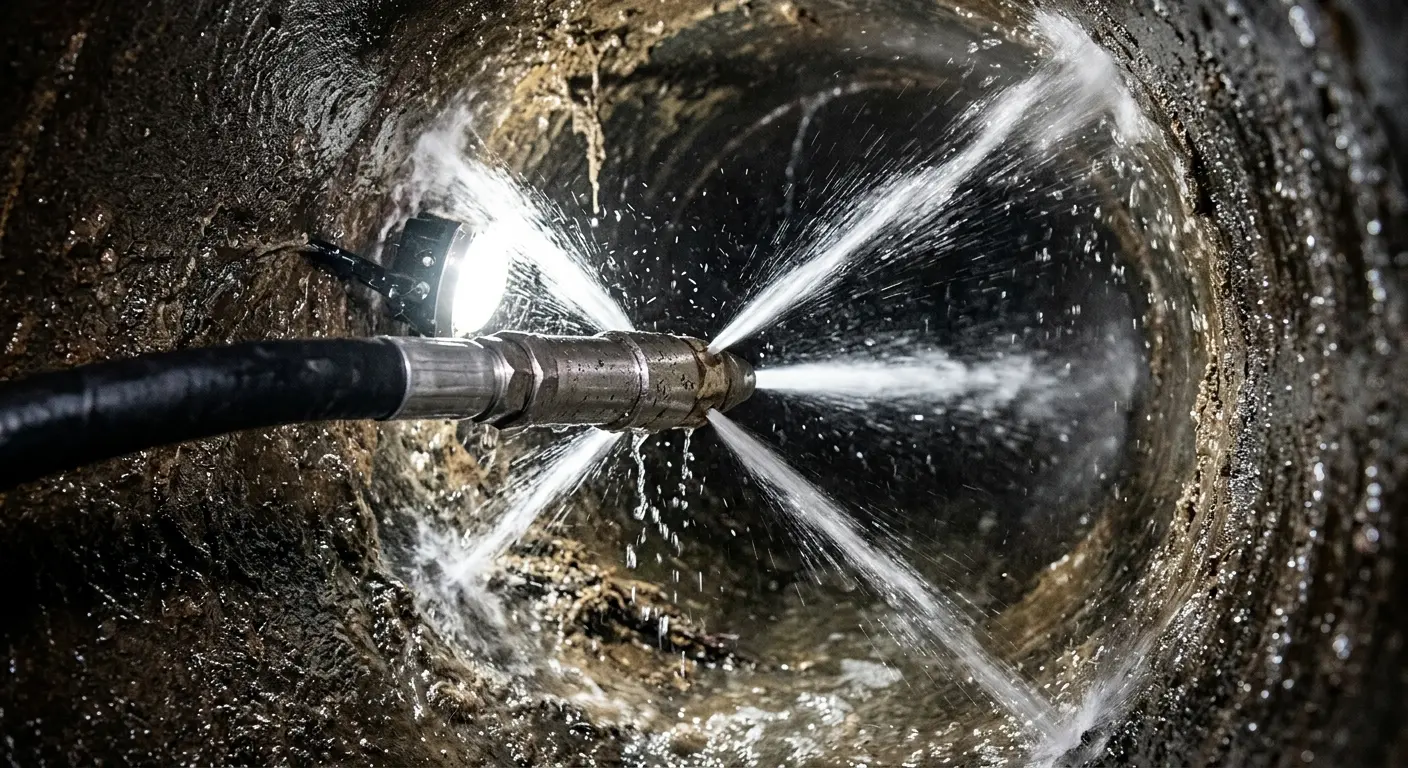 High-pressure hydro jetting nozzle cleaning sewer pipe for Sewer Cleanout in Cumberland