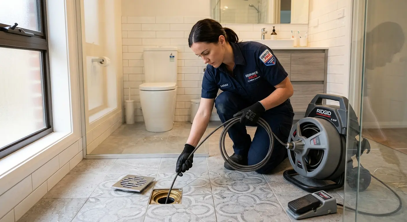 Technician clearing a bathroom floor drain for Drain Cleaning in Cumberland